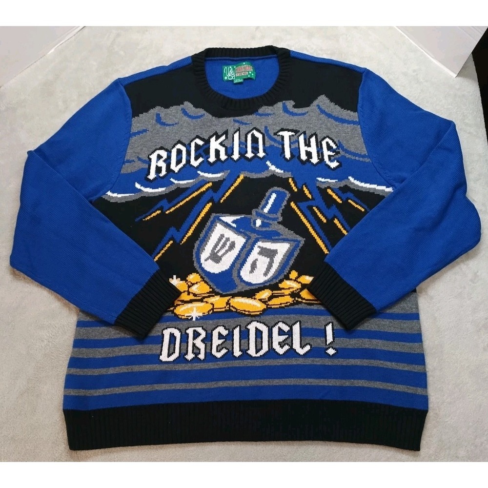 Hanukkah UGLY CHRISTMAS Sweater Mens 2XL Rockin The Dreidel Jewish Blue Black.